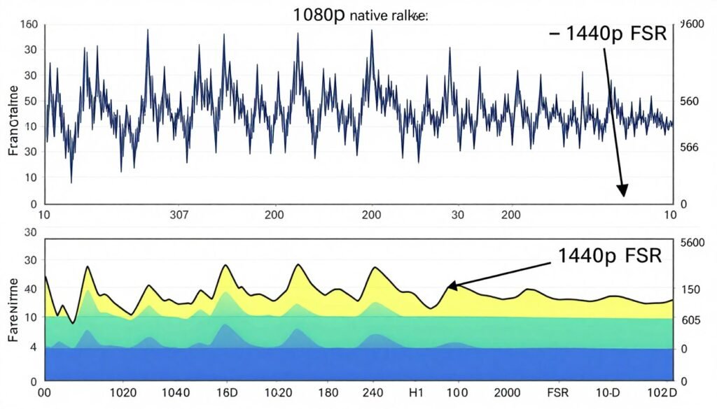 Performance graph showing frame time consistency improvement after resolution and FSR adjustment