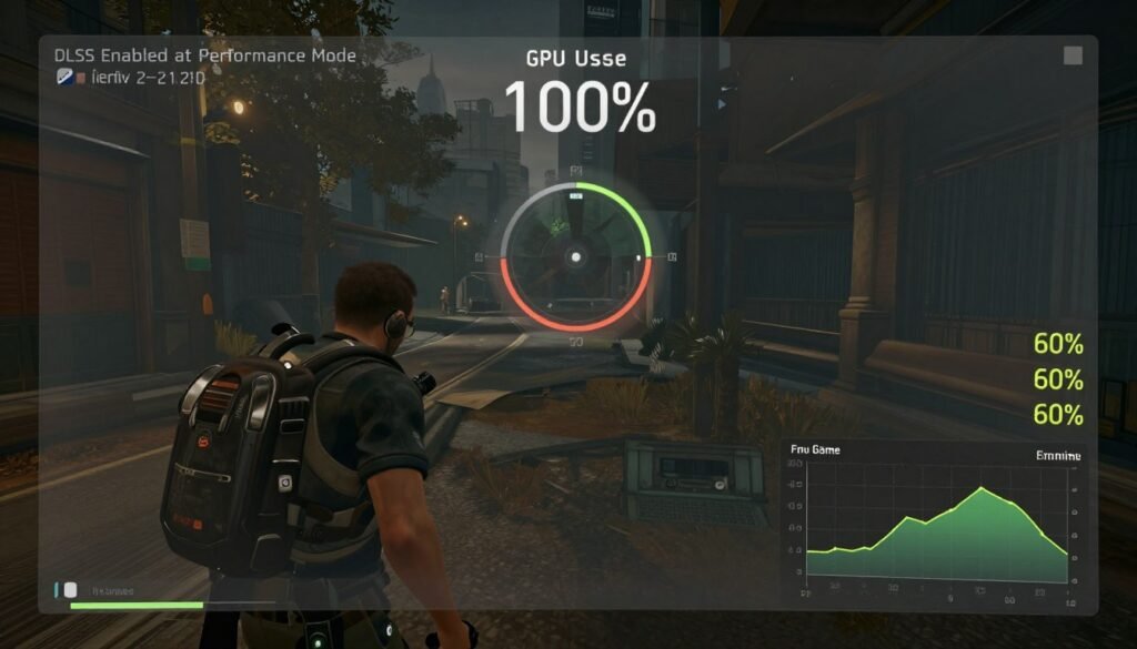 Performance monitoring overlay showing CPU bottleneck despite DLSS enabled
