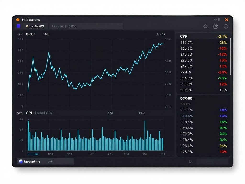 Performance monitoring overlay showing FPS, GPU usage, and temperature metrics during gameplay