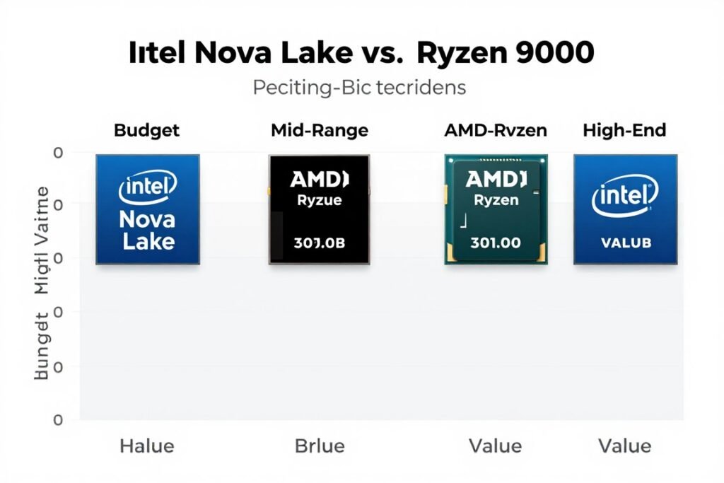 Price comparison chart showing Intel Nova Lake and AMD Ryzen 9000 pricing tiers Price comparison chart showing Intel Nova Lake and AMD Ryzen 9000 pricing tiers