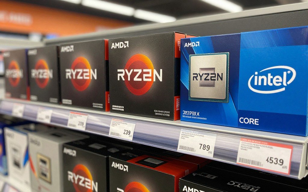 Price tags and product boxes for AMD and Intel processors on retail shelf