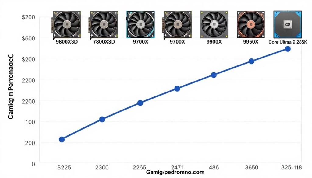 Price-to-performance ratio chart comparing the 9800X3D to competing CPUs Price-to-performance ratio chart comparing the 9800X3D to competing CPUs