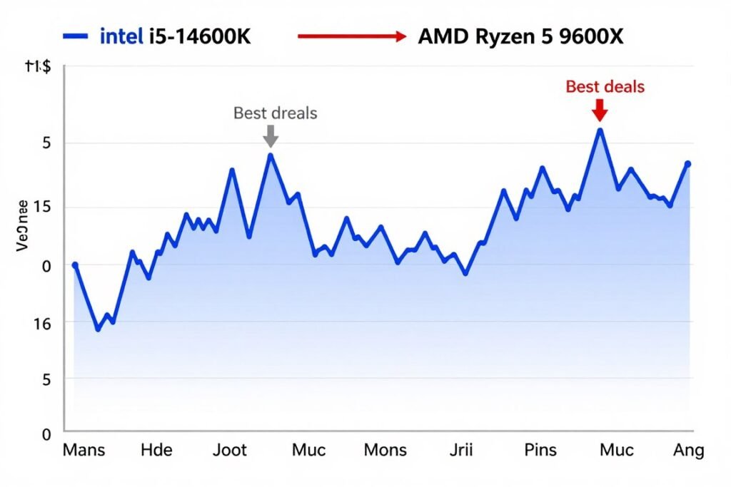 Price tracking graph showing historical prices for i5 and Ryzen 5 over past 12 months