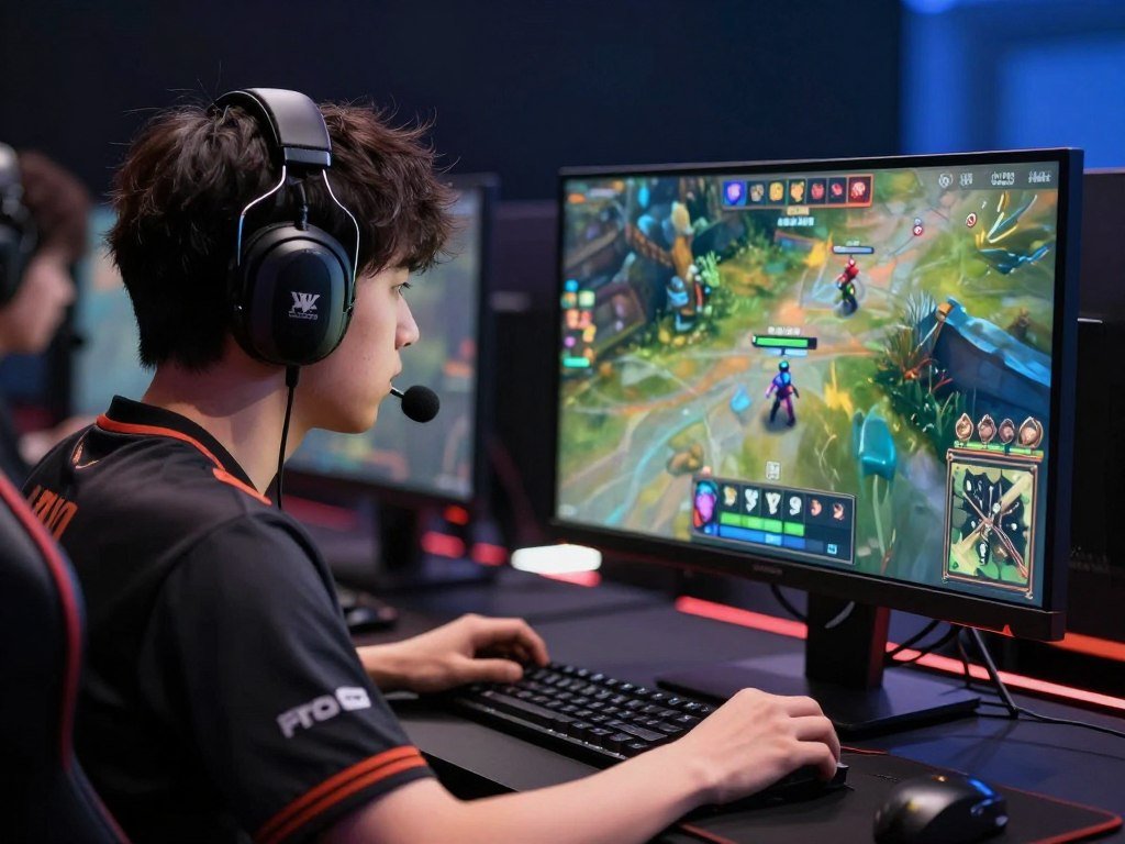 Pro esports player competing in Valorant tournament with high-performance setup