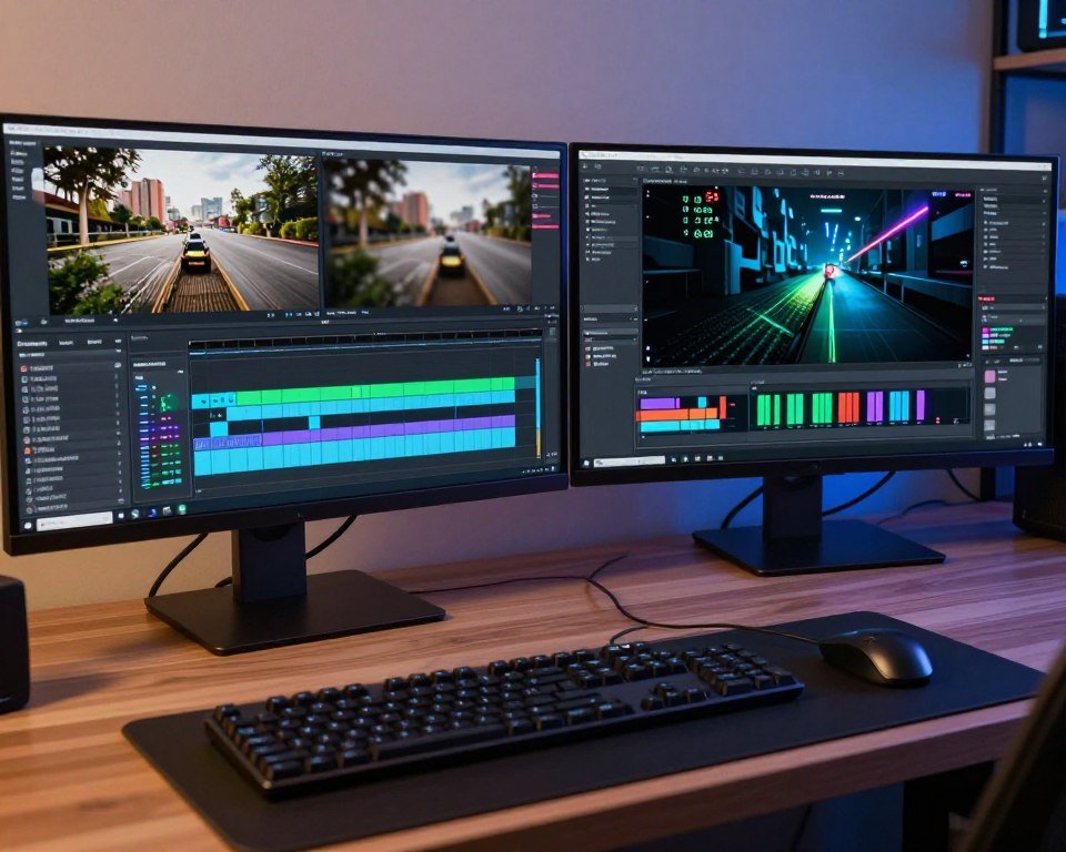 Professional content creation software interface showing video rendering and gaming simultaneously