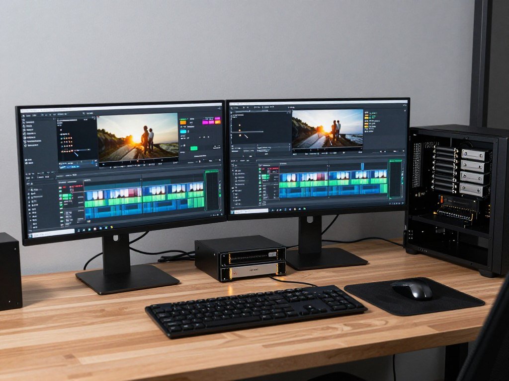Professional workstation setup with multiple monitors showing video editing timeline