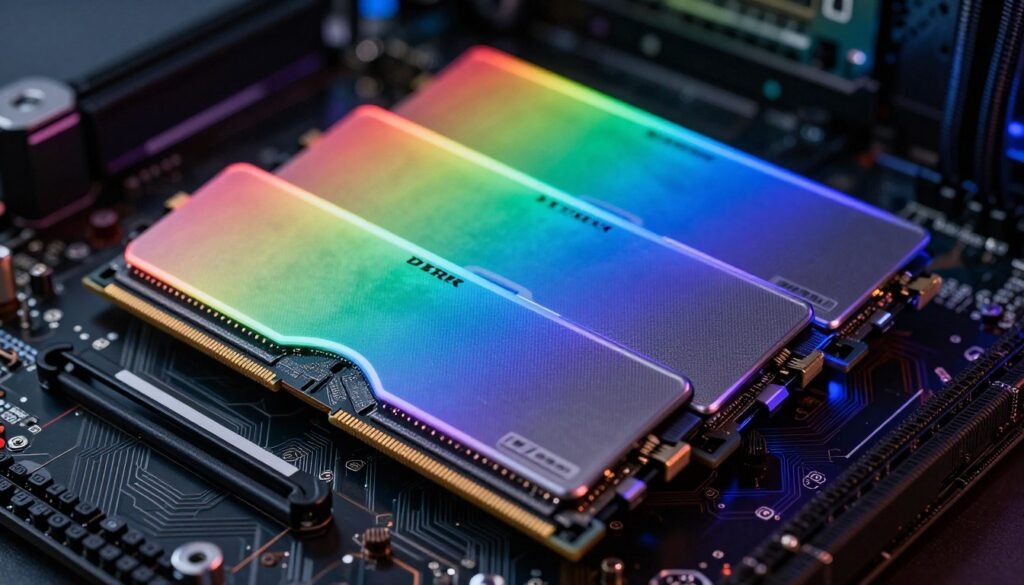 RAM modules installed in motherboard slots showing RGB lighting