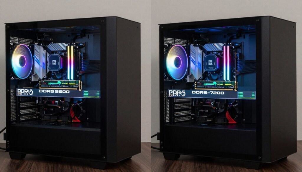 RAM speed comparison testing showing FPS differences between DDR5-5600 and DDR5-7200 in gaming scenarios RAM speed comparison testing showing FPS differences between DDR5-5600 and DDR5-7200 in gaming scenarios