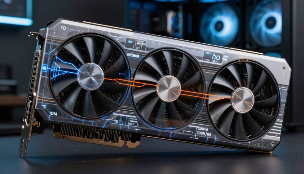 RTX 5090 graphics card with frame generation technology visualization showing real vs generated frames