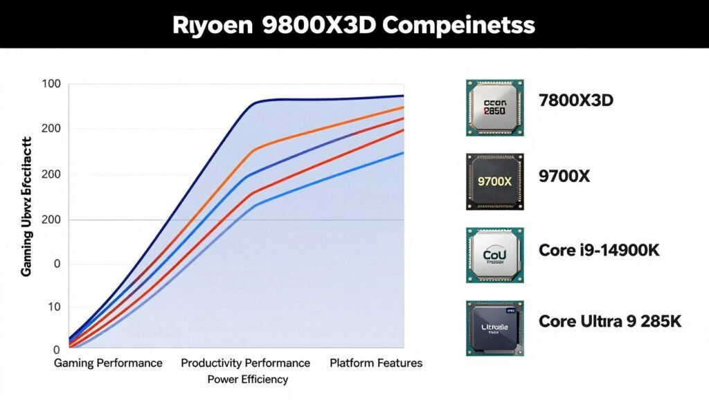 Radar chart comparing strengths and weaknesses of the 9800X3D versus competitors Radar chart comparing strengths and weaknesses of the 9800X3D versus competitors
