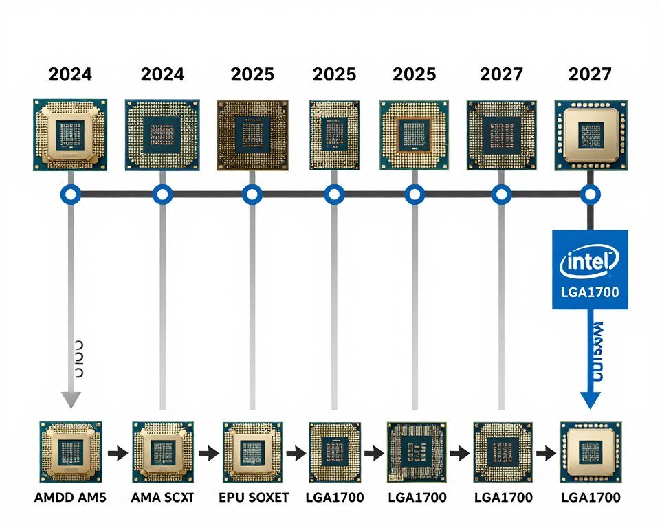 Roadmap timeline showing AMD and Intel CPU socket support and upgrade paths