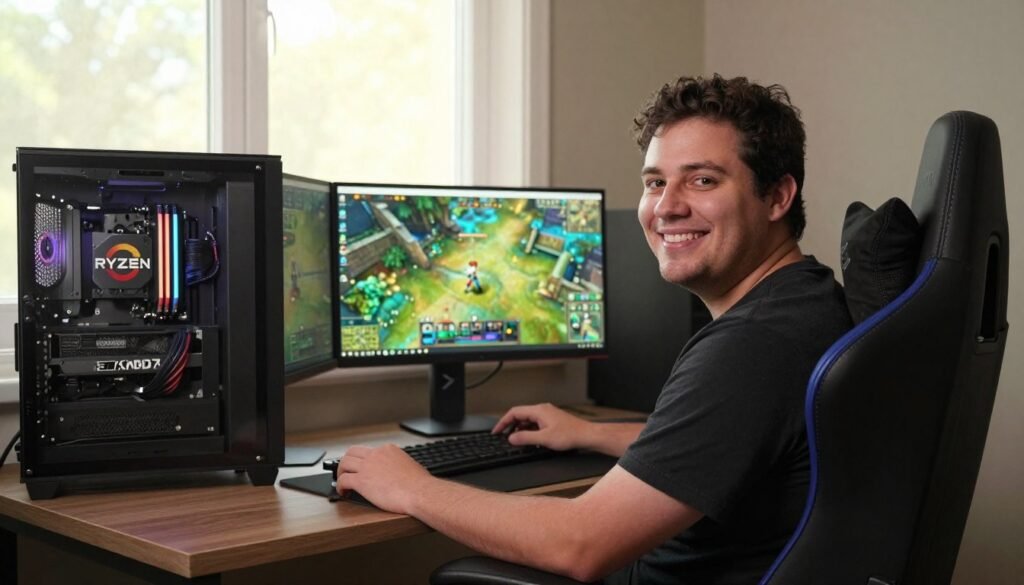Satisfied PC builder working at completed AMD-based gaming station