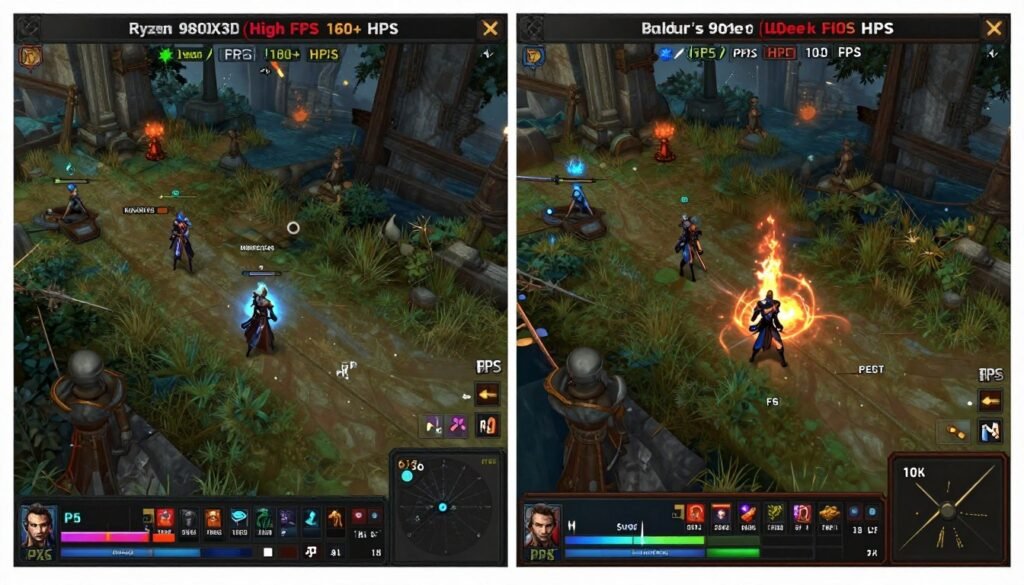 Screenshot comparison of Baldur's Gate 3 running on Ryzen 9800X3D vs competing CPU showing framerate overlay Screenshot comparison of Baldur's Gate 3 running on Ryzen 9800X3D vs competing CPU showing framerate overlay