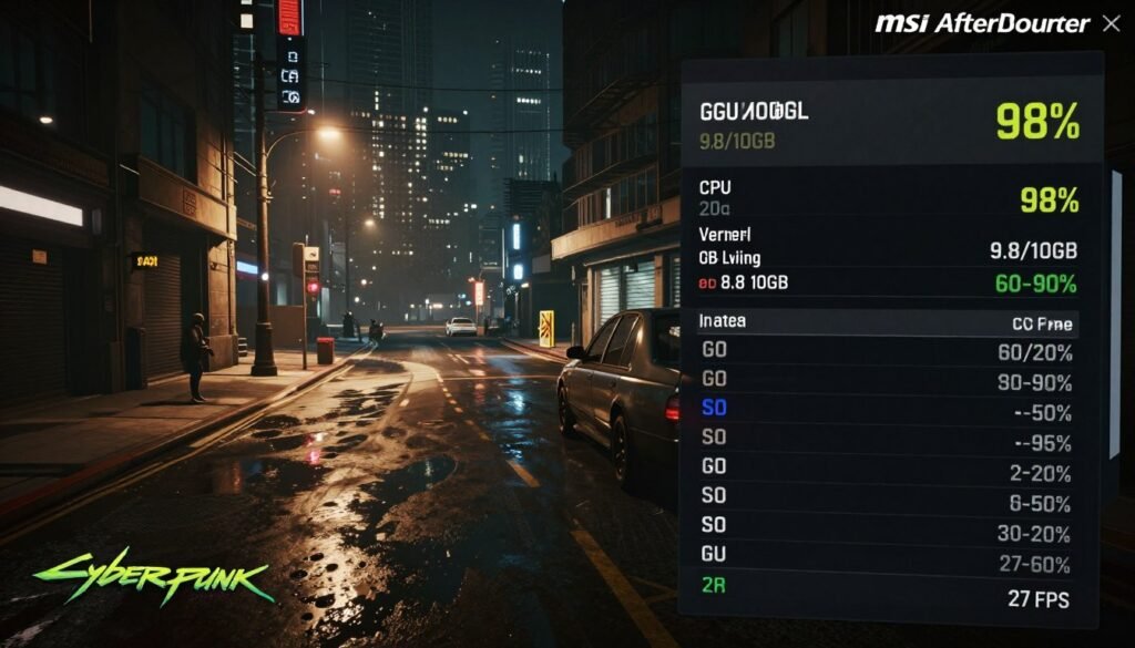 Screenshot showing MSI Afterburner overlay with performance metrics during Cyberpunk 2077 path tracing