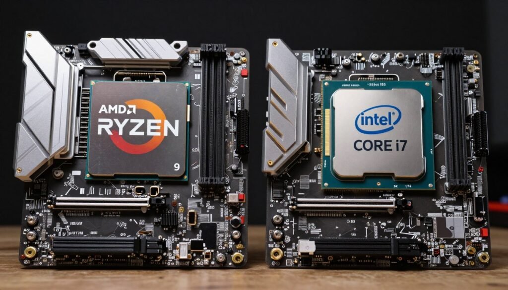 Side by side comparison of AMD Ryzen and Intel Core processors on motherboard