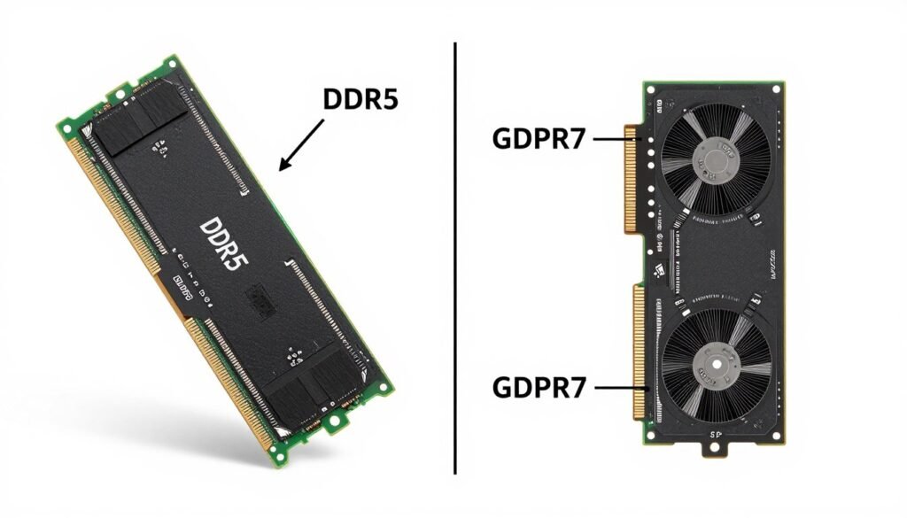 Side-by-side comparison of DDR5 system RAM and GDDR7 graphics memory modules