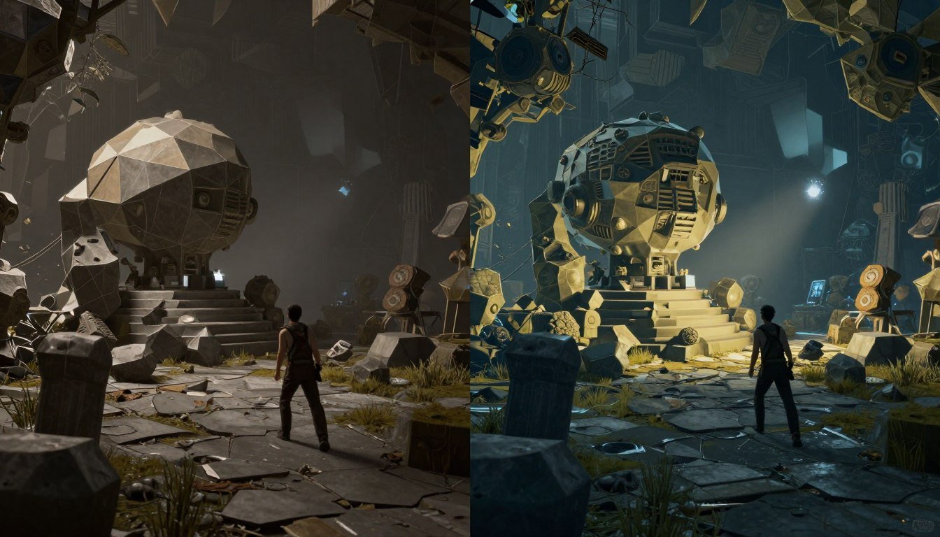 Side-by-side comparison of UE5 Nanite & Lumen technology showing the same scene with and without these features enabled