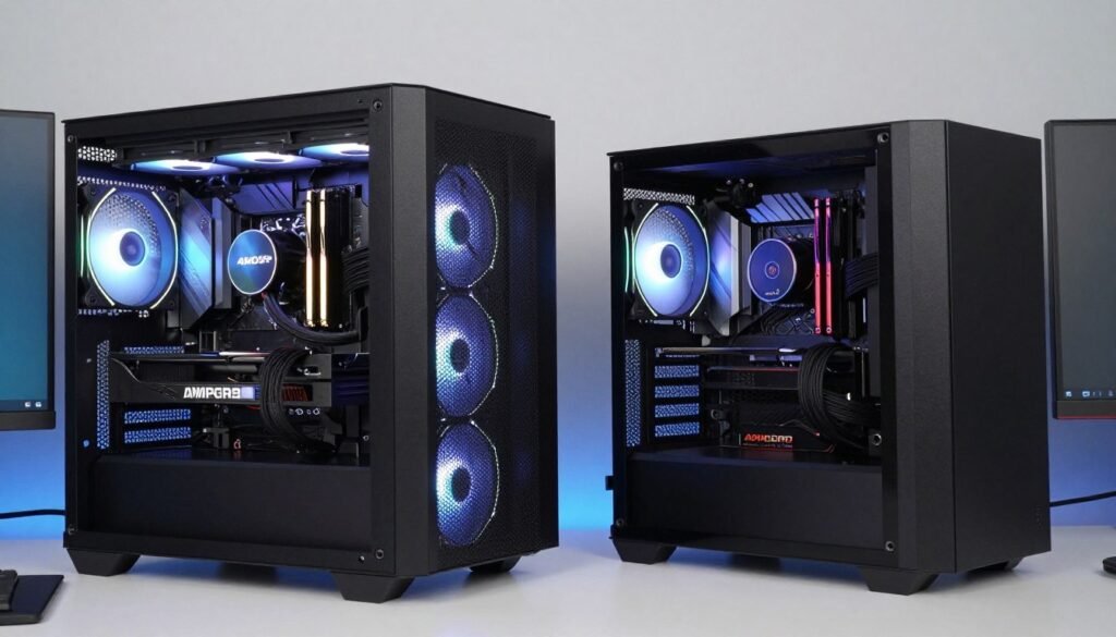 Side by side comparison of completed Intel and AMD builds in different case sizes
