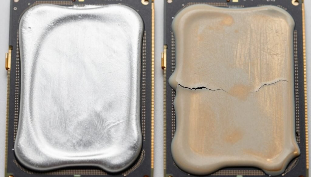 Side-by-side comparison of fresh thermal paste application versus dried out cracked paste on GPU die