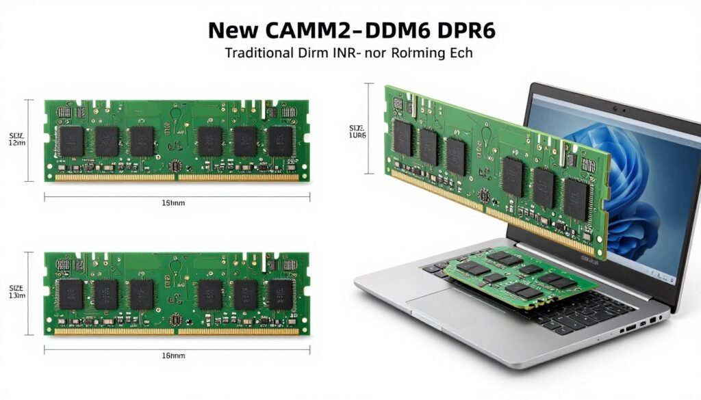 Side-by-side comparison of traditional DIMM modules versus new CAMM2 form factor designed for DDR6 RAM