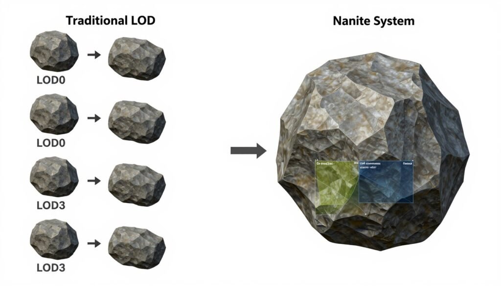 Side by side comparison of traditional LOD system versus Nanite system in game development
