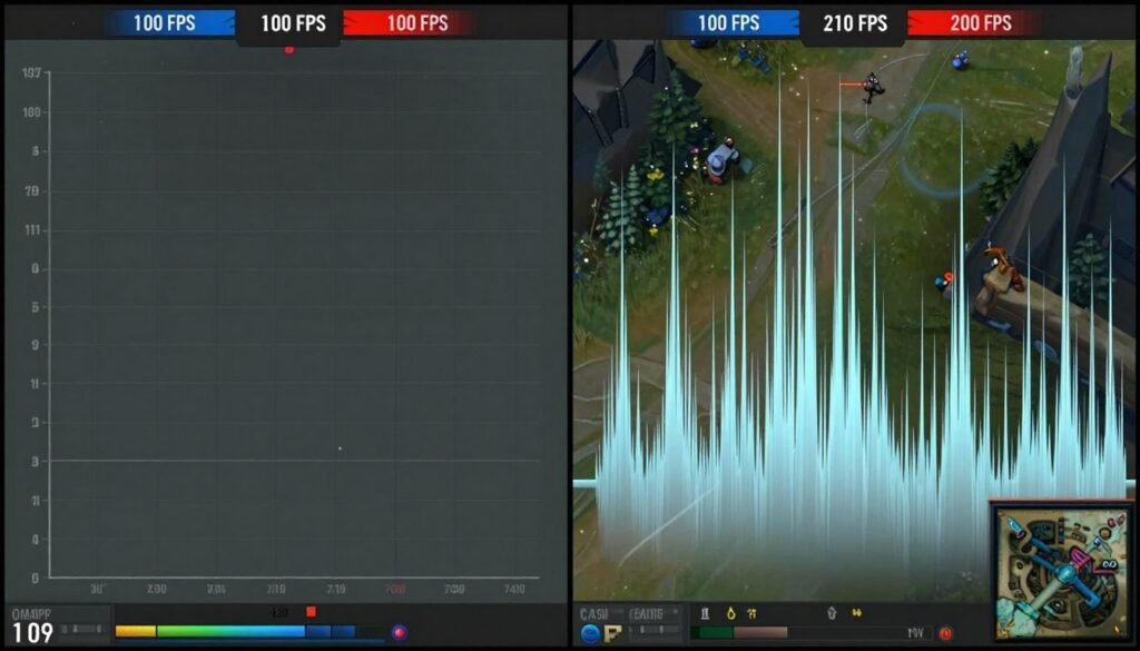 Side by side comparison showing smooth 100 FPS vs stuttery 200 FPS gameplay