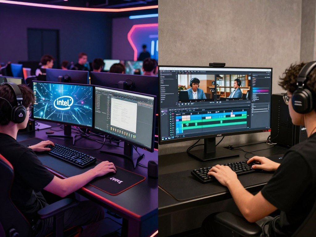 Split comparison image showing gamer on left and content creator on right with appropriate CPU choice highlighted