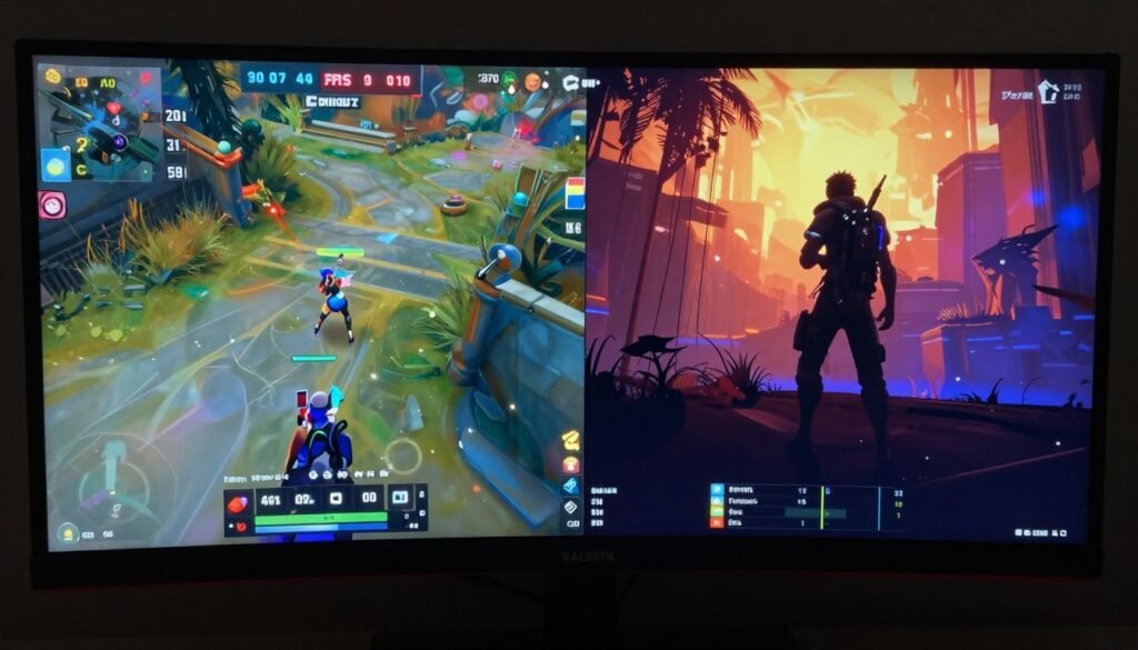 Split screen showing competitive esports game vs AAA single-player game