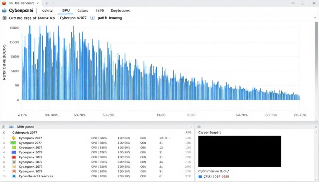 Task Manager showing CPU usage across cores during Cyberpunk 2077 path tracing