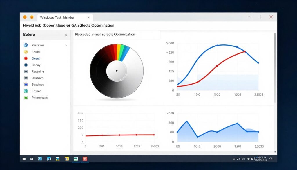 Task Manager showing GPU usage before and after disabling visual effects