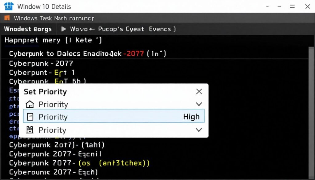 Task Manager showing process priority settings for Cyberpunk 2077