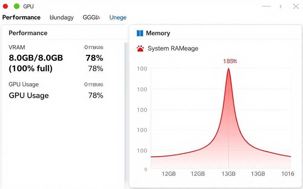 Task Manager showing system RAM usage spike when VRAM is exceeded Task Manager showing system RAM usage spike when VRAM is exceeded