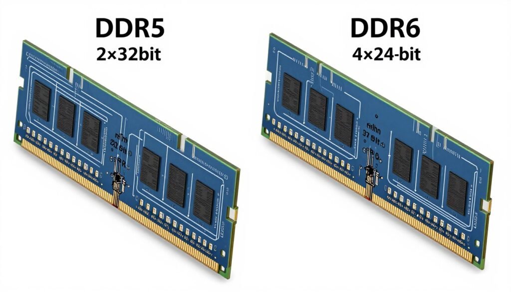 Technical diagram showing DDR6 RAM's 4×24-bit sub-channel architecture compared to DDR5's 2×32-bit design