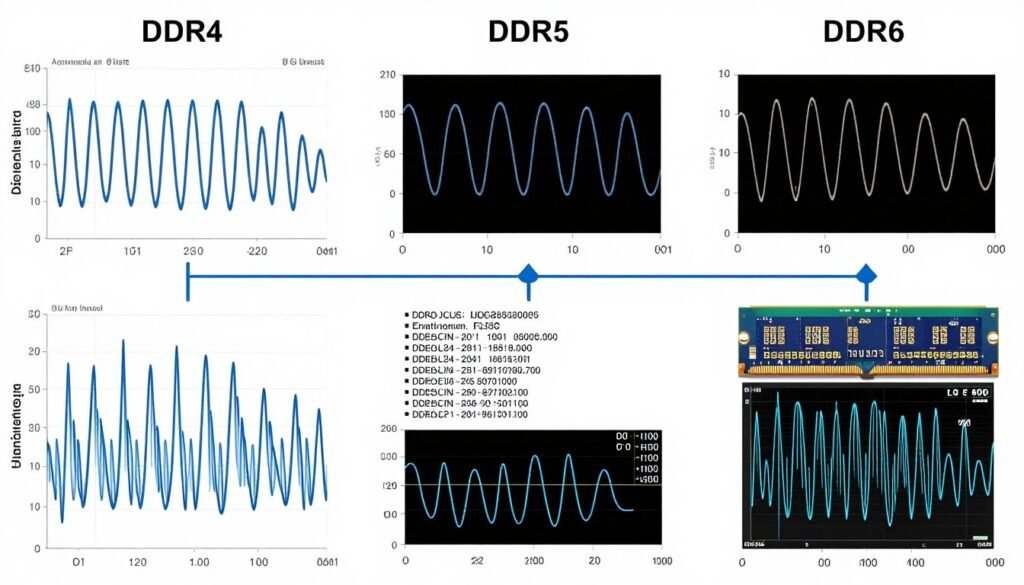 Technical diagram showing DDR6 RAM's advanced signaling technology compared to previous generations