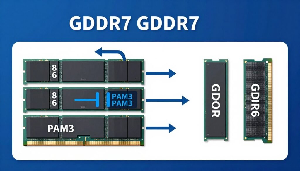 Technical diagram showing GDDR7 memory architecture with four-channel design
