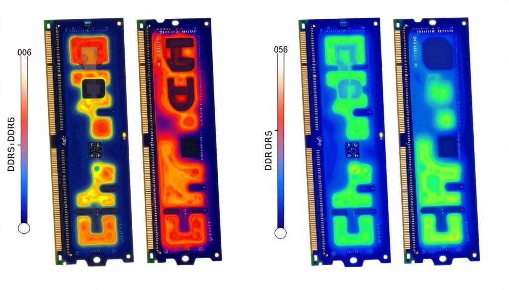Thermal imaging comparison between DDR5 and projected DDR6 RAM modules under heavy computational load