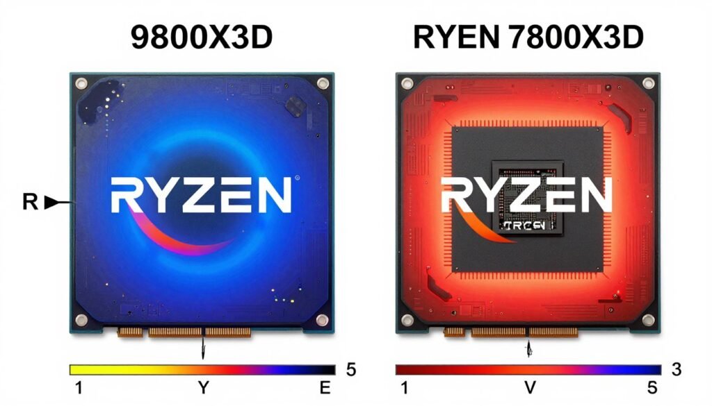 Thermal imaging comparison between Ryzen 9800X3D and 7800X3D under load Thermal imaging comparison between Ryzen 9800X3D and 7800X3D under load