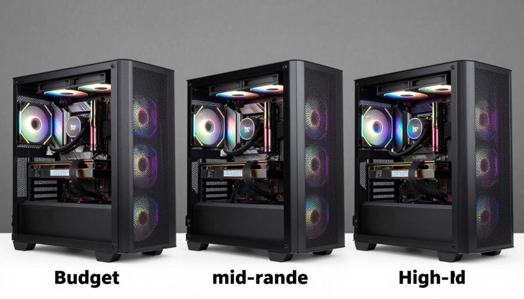 Three complete PC builds showing budget, mid-range, and enthusiast tiers