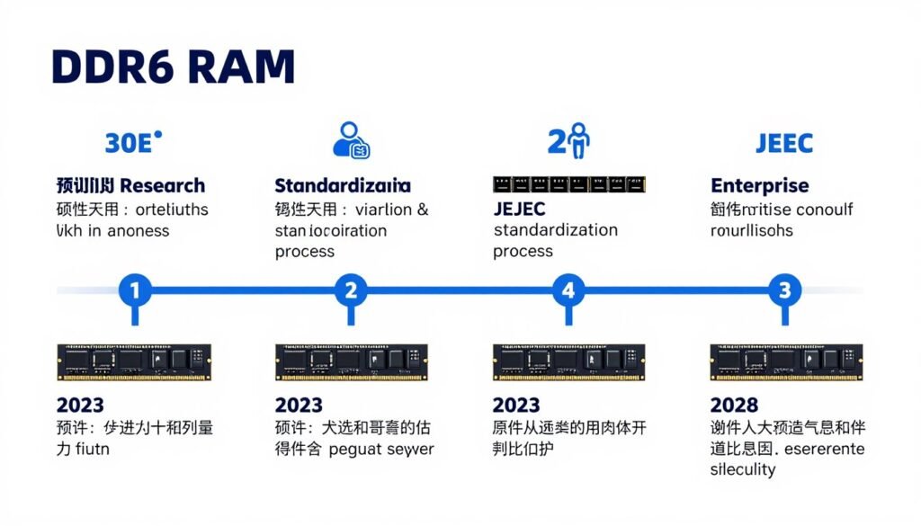 Timeline showing DDR6 RAM development phases, standardization milestones, and projected market adoption
