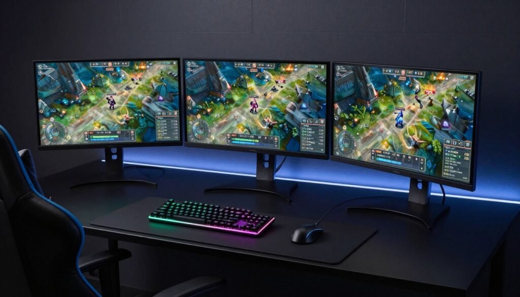 Triple monitor gaming setup showing high resolution gameplay