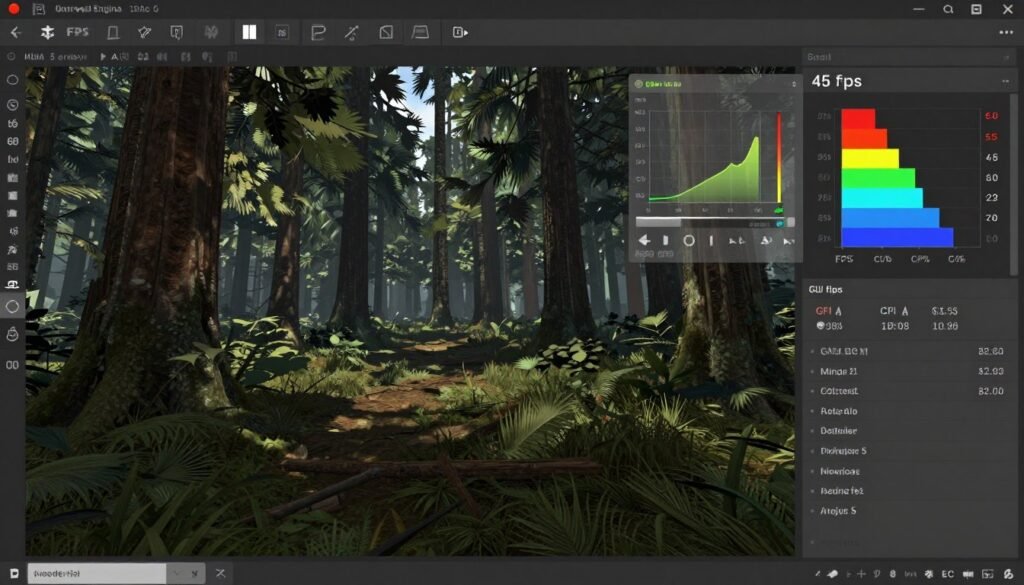 UE5 editor showing profiling overlay with performance statistics
