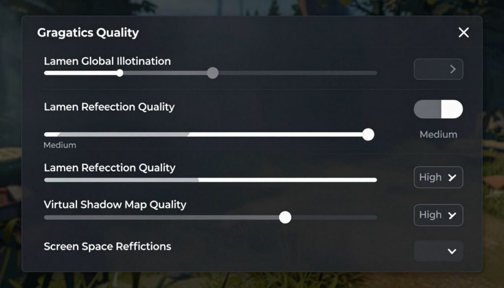 UE5 graphics settings menu showing Lumen and shadow options