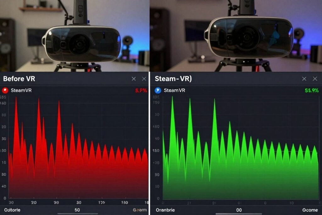 VR Performance optimization settings comparison showing before and after frame times