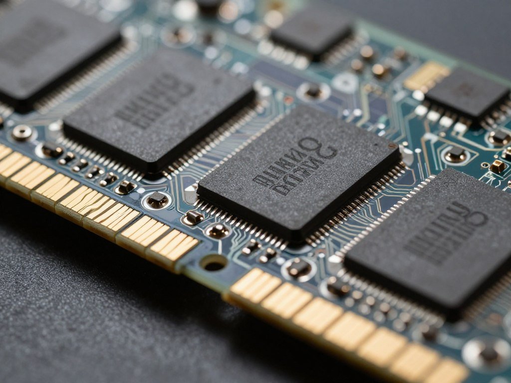 VRAM chips on a graphics card PCB close-up macro shot