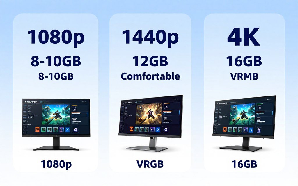 VRAM requirements by resolution showing sweet spot for different gaming scenarios VRAM requirements by resolution showing sweet spot for different gaming scenarios