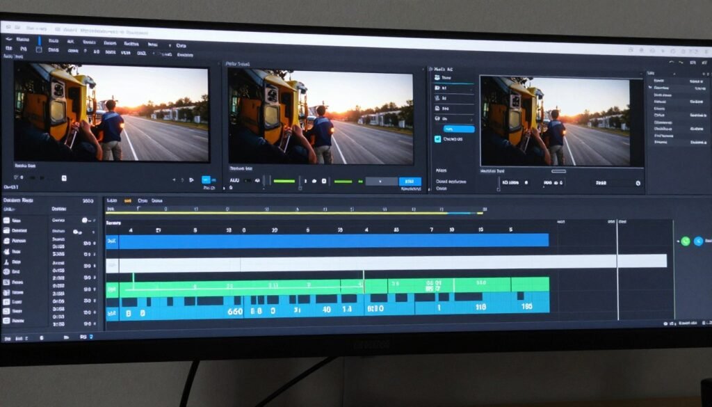 Video editing timeline showing render time comparison between i5 and Ryzen 5 systems