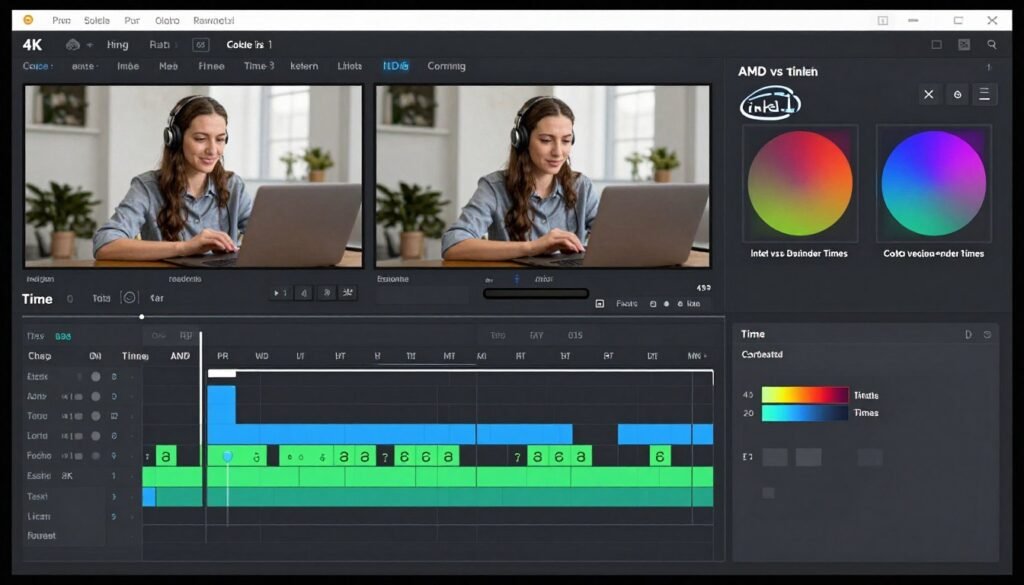 Video editing timeline with render progress bar showing processor comparison Video editing timeline with render progress bar showing processor comparison
