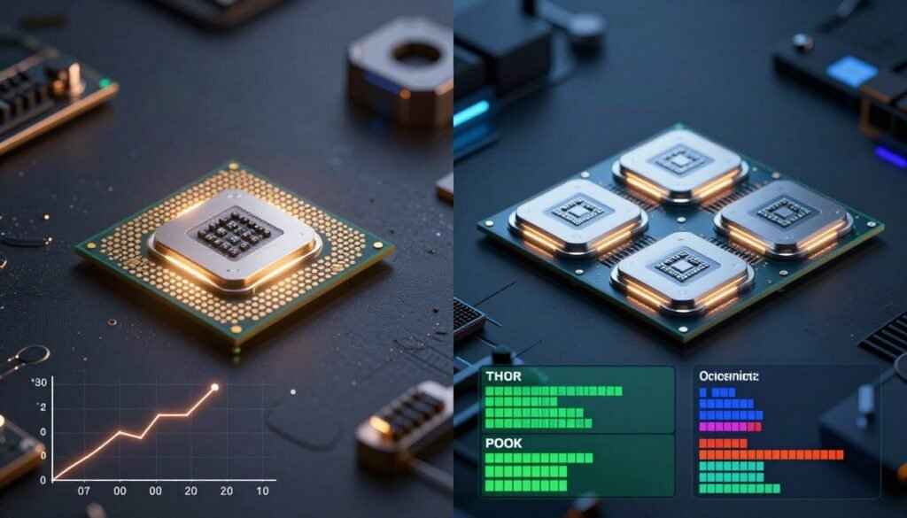 Visual comparison of single-core versus multi-core CPU performance scaling