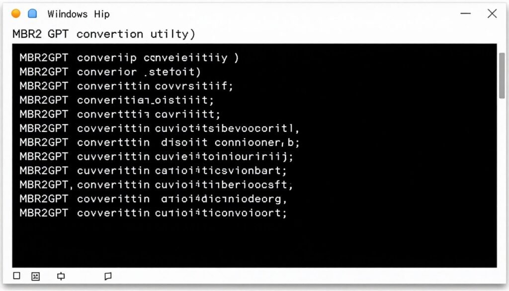 Windows Command Prompt showing MBR2GPT conversion utility