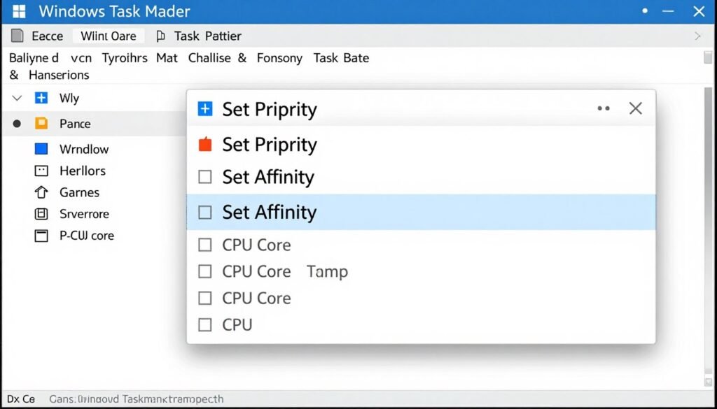 Windows Task Manager showing process priority and affinity settings for games